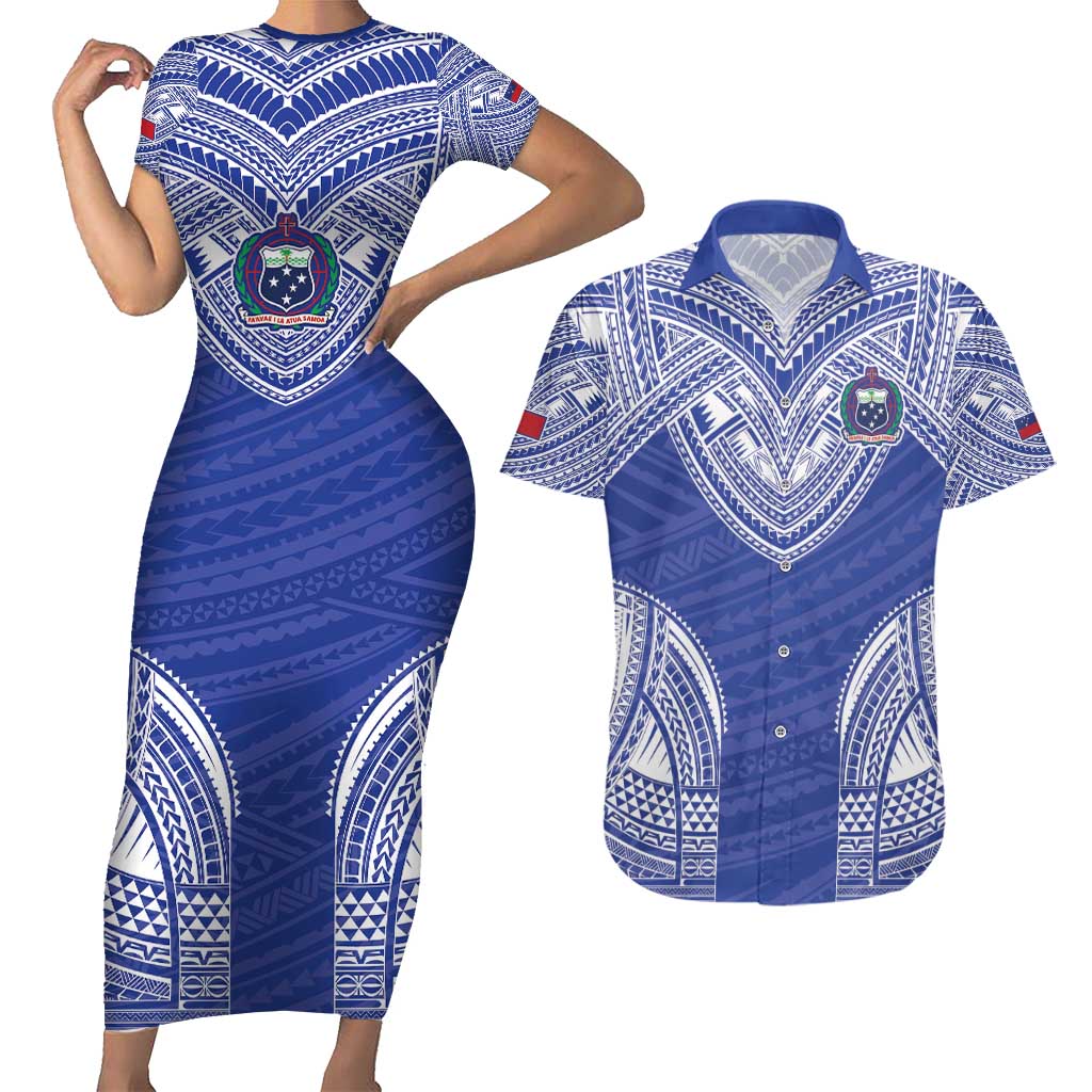 Manu Samoa Pacific Samoa Rugby Custom Couples Matching Short Sleeve Bodycon Dress and Hawaiian Shirt Polynesian Pattern LT9 Blue - Polynesian Pride