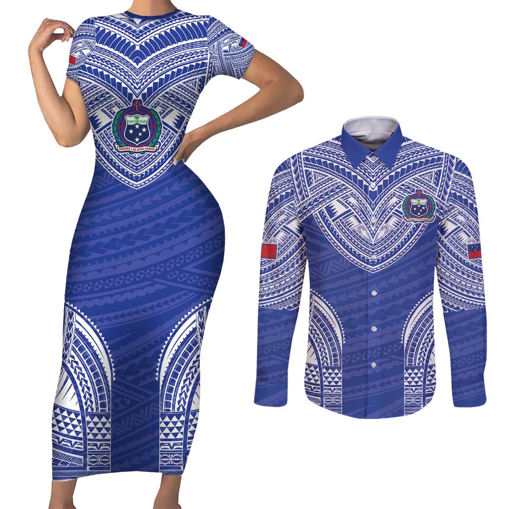 Manu Samoa Pacific Samoa Rugby Custom Couples Matching Short Sleeve Bodycon Dress and Long Sleeve Button Shirt Polynesian Pattern LT9 Blue - Polynesian Pride
