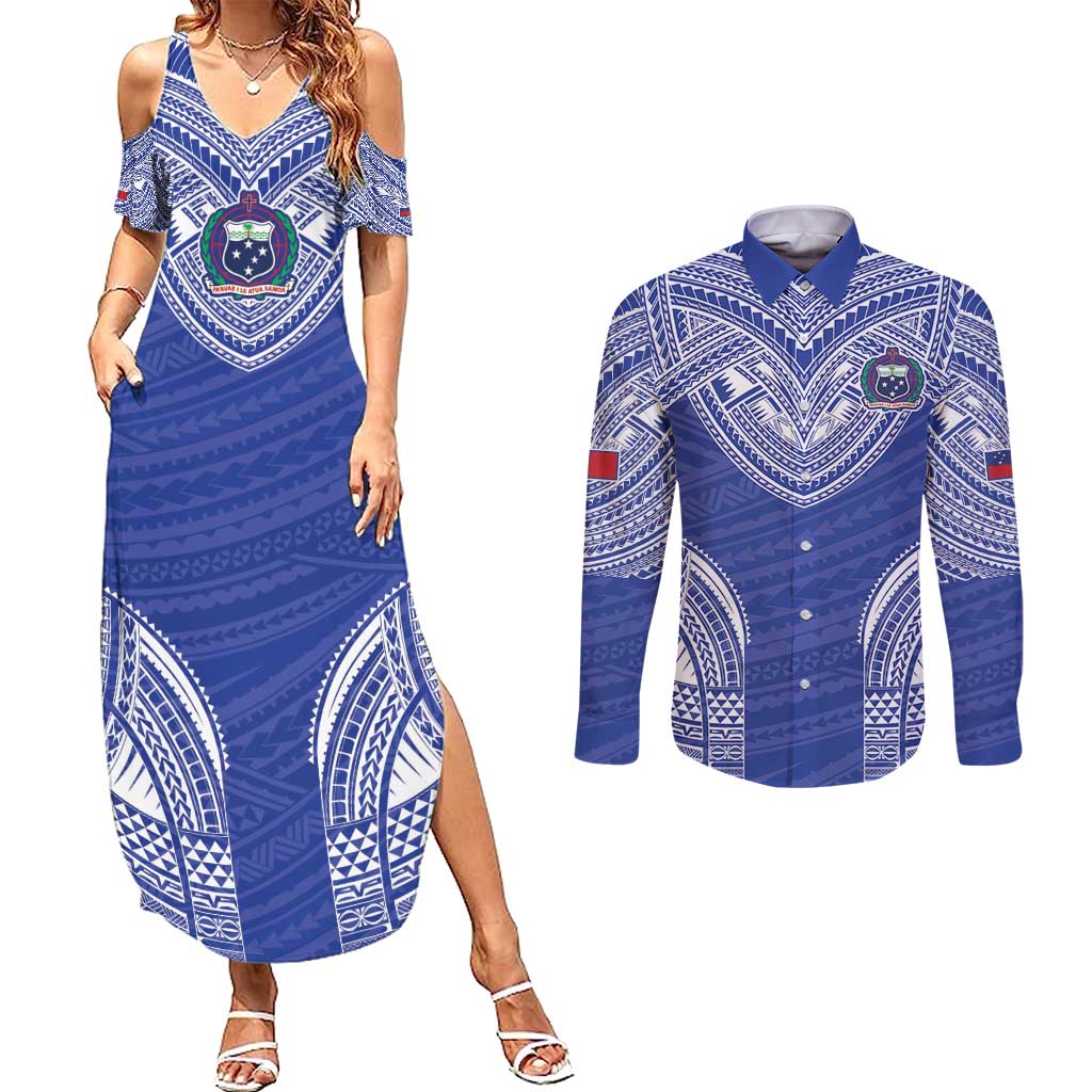 Manu Samoa Pacific Samoa Rugby Custom Couples Matching Summer Maxi Dress and Long Sleeve Button Shirt Polynesian Pattern LT9 Blue - Polynesian Pride