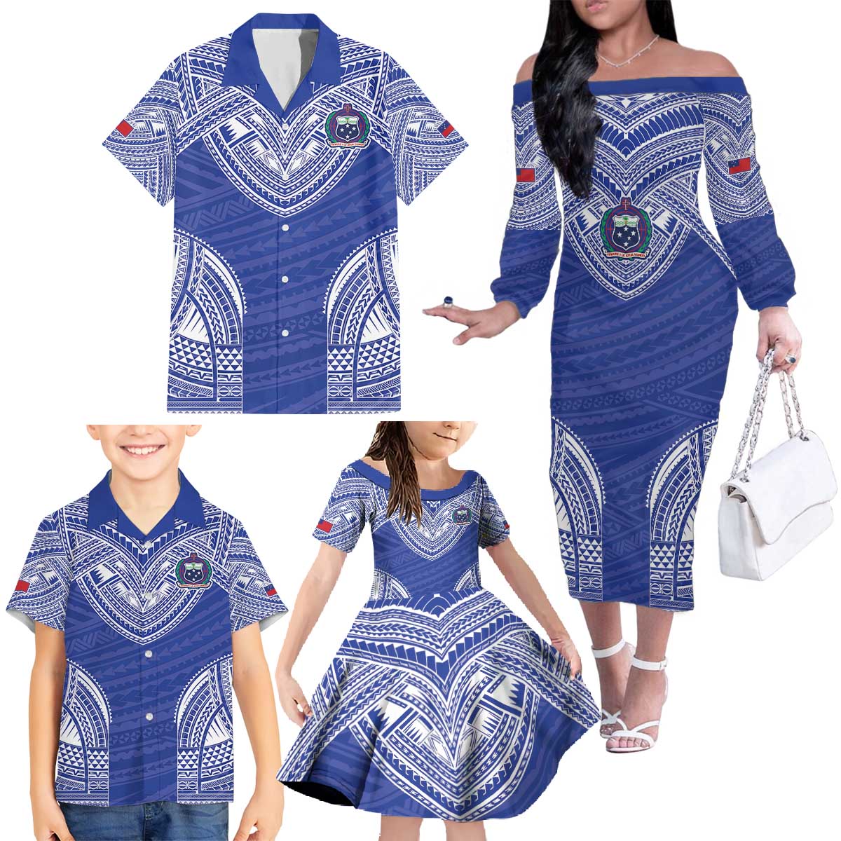 Manu Samoa Pacific Samoa Rugby Custom Family Matching Off The Shoulder Long Sleeve Dress and Hawaiian Shirt Polynesian Pattern