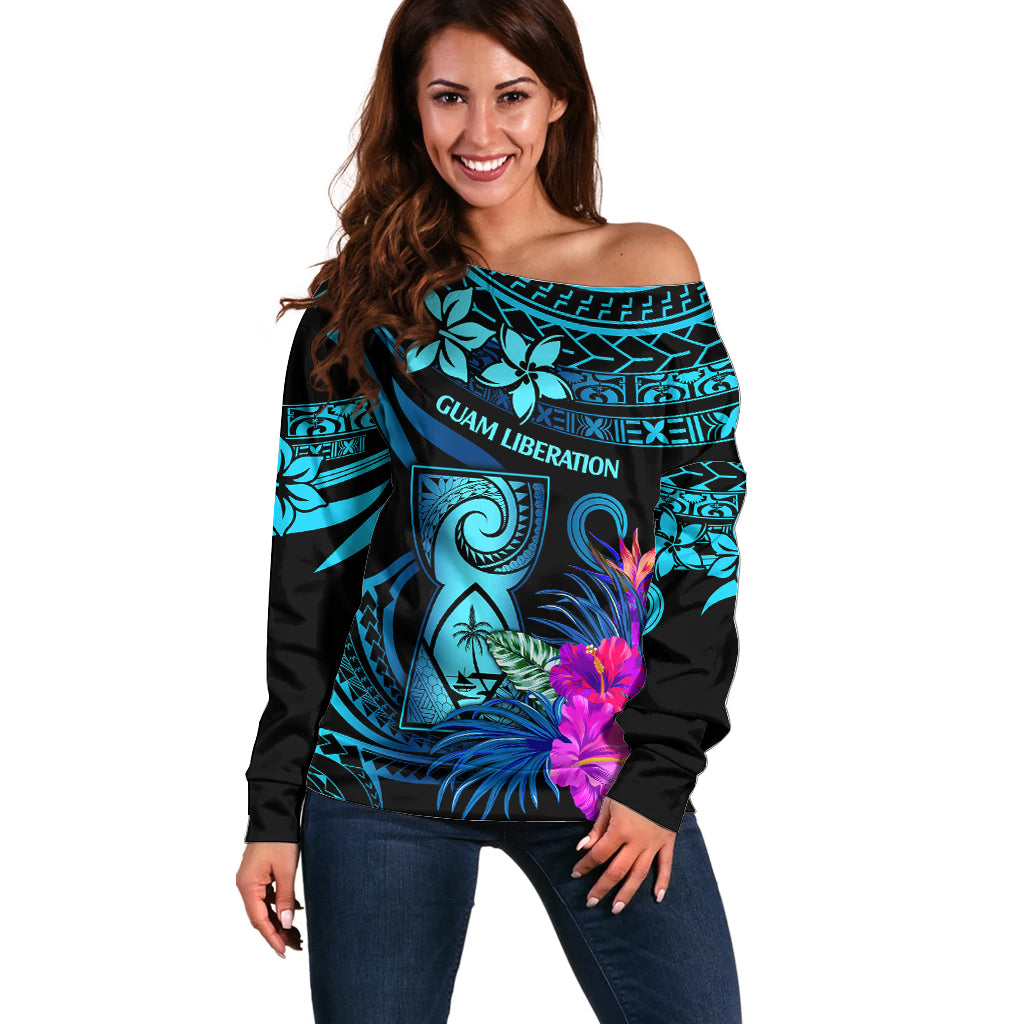 Polynesian Guam Off Shoulder Sweater With Latte Stone Happy Liberation Day LT9 Women Blue - Polynesian Pride