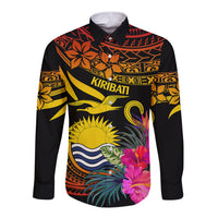 Polynesian Kiribati Independence Day Long Sleeve Button Shirt Kiribati Emblem with Hibiscus Pacific Beauty LT9 Unisex Gradient Red - Polynesian Pride
