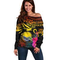 Custom Polynesian Kiribati Independence Day Off Shoulder Sweater Kiribati Emblem with Hibiscus Pacific Beauty LT9 Women Gradient Red - Polynesian Pride