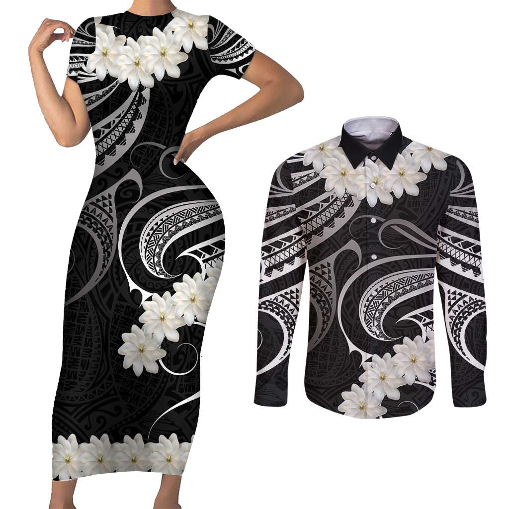 White Sunday Tokelau Gardenia Thunbergia Couples Matching Short Sleeve Bodycon Dress and Long Sleeve Button Shirt Fakamalo Atu Kia Te Koutou Uma