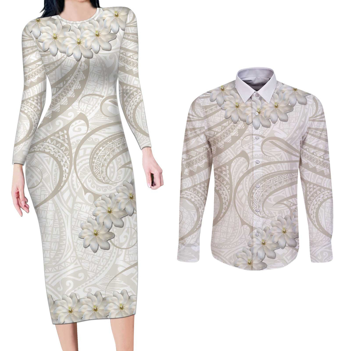 Tokelau Gardenia Thunbergia Couples Matching Long Sleeve Bodycon Dress and Long Sleeve Button Shirt Black Polynesian Art Vibe