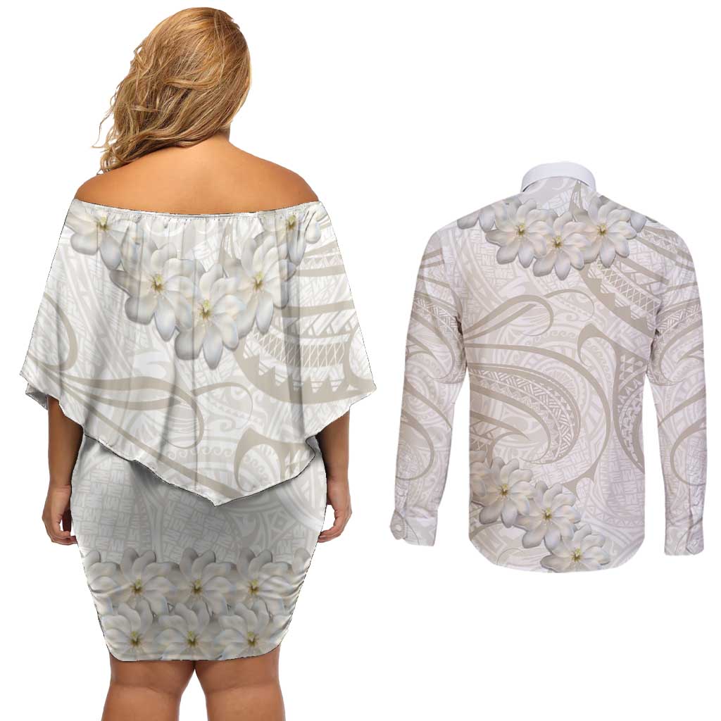 Tokelau Gardenia Thunbergia Couples Matching Off Shoulder Short Dress and Long Sleeve Button Shirt Black Polynesian Art Vibe