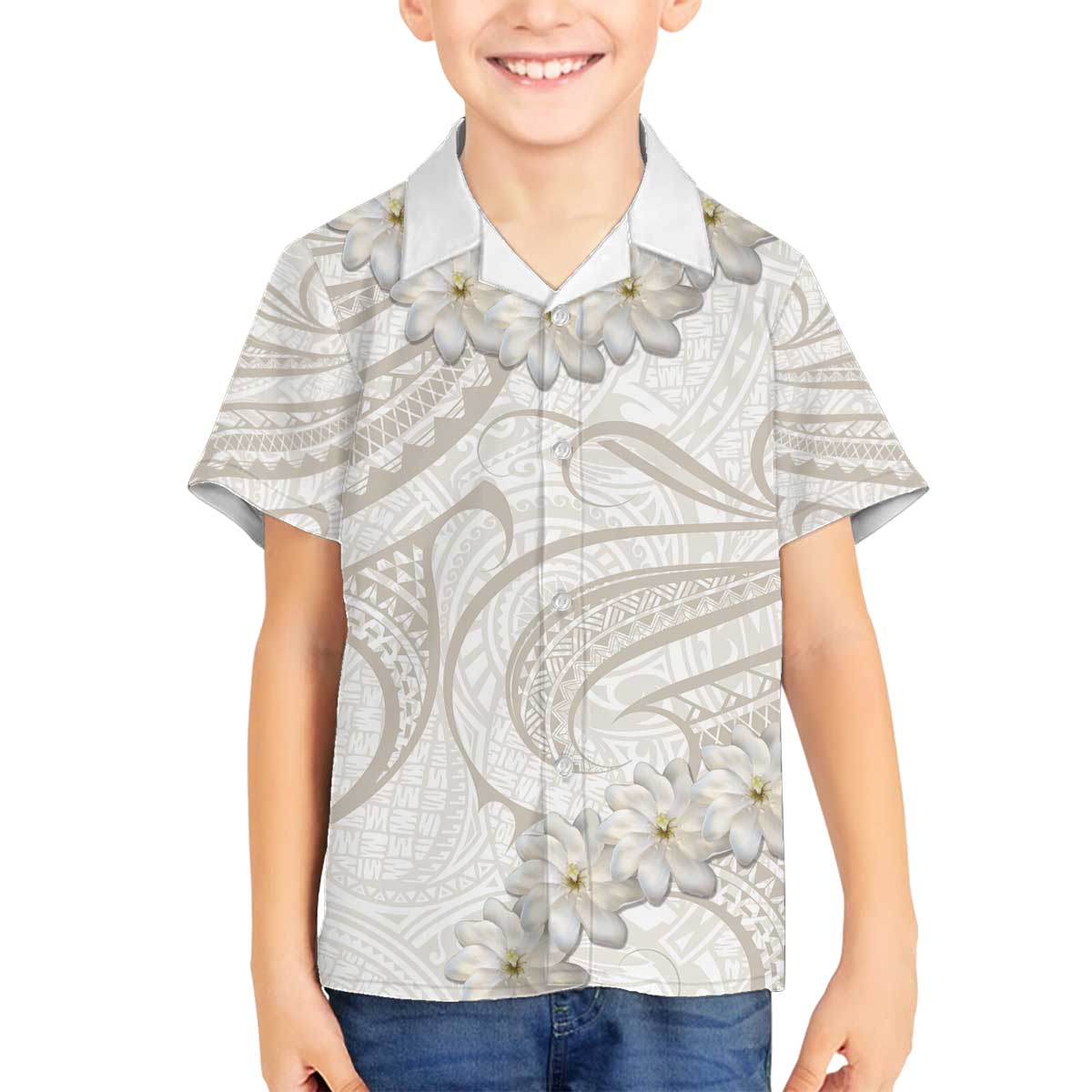 Tokelau Gardenia Thunbergia Family Matching Puletasi and Hawaiian Shirt Black Polynesian Art Vibe