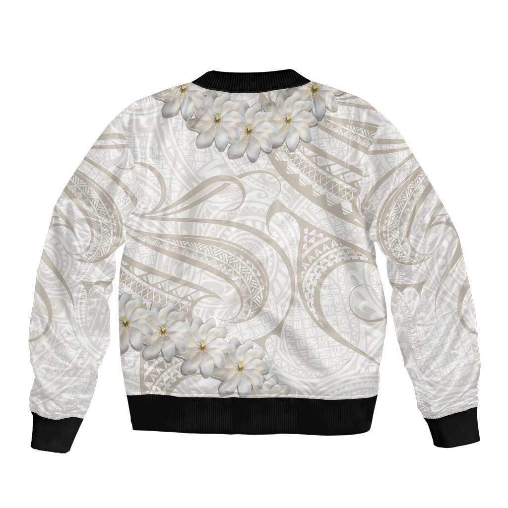 Tokelau Gardenia Thunbergia Sleeve Zip Bomber Jacket Black Polynesian Art Vibe