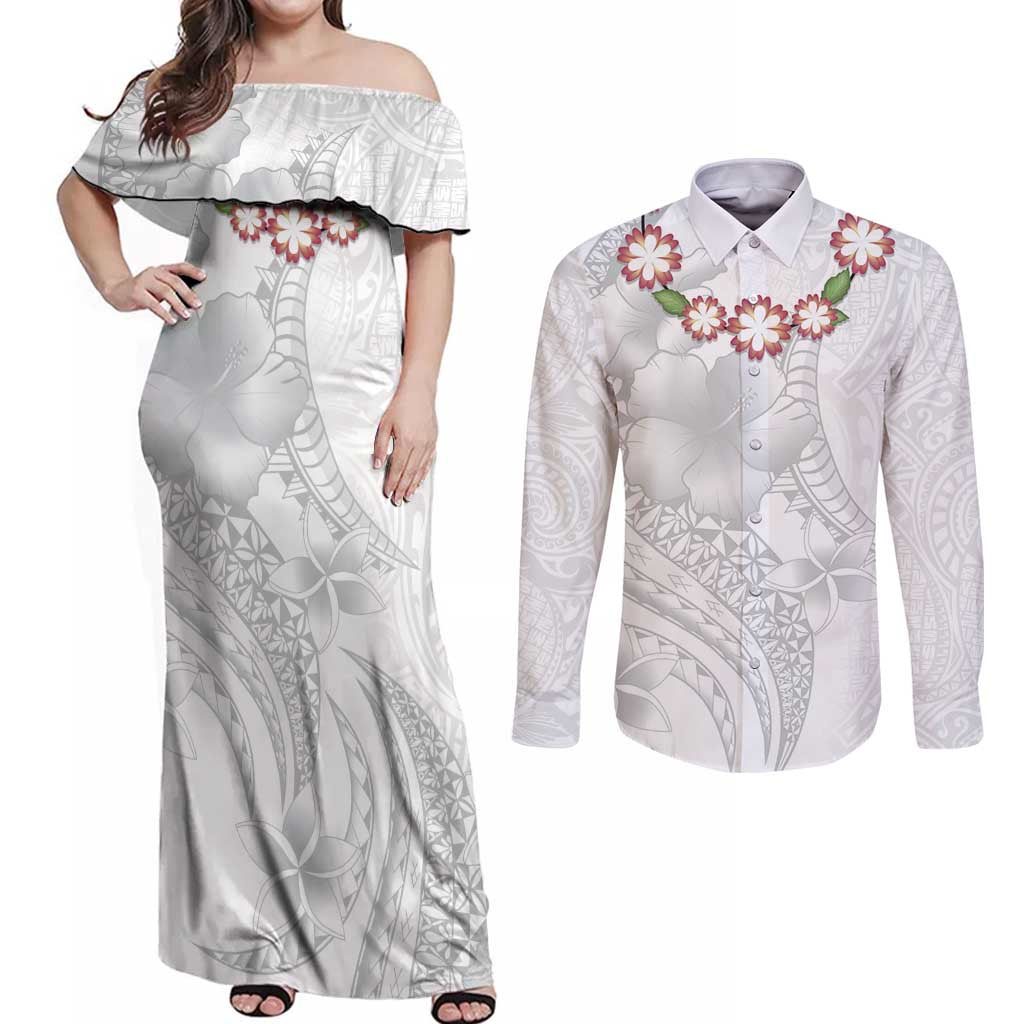 Manuia le Aso Sa o Tamaiti Tonga Couples Matching Off Shoulder Maxi Dress and Long Sleeve Button Shirt White Sunday Heilala Lei