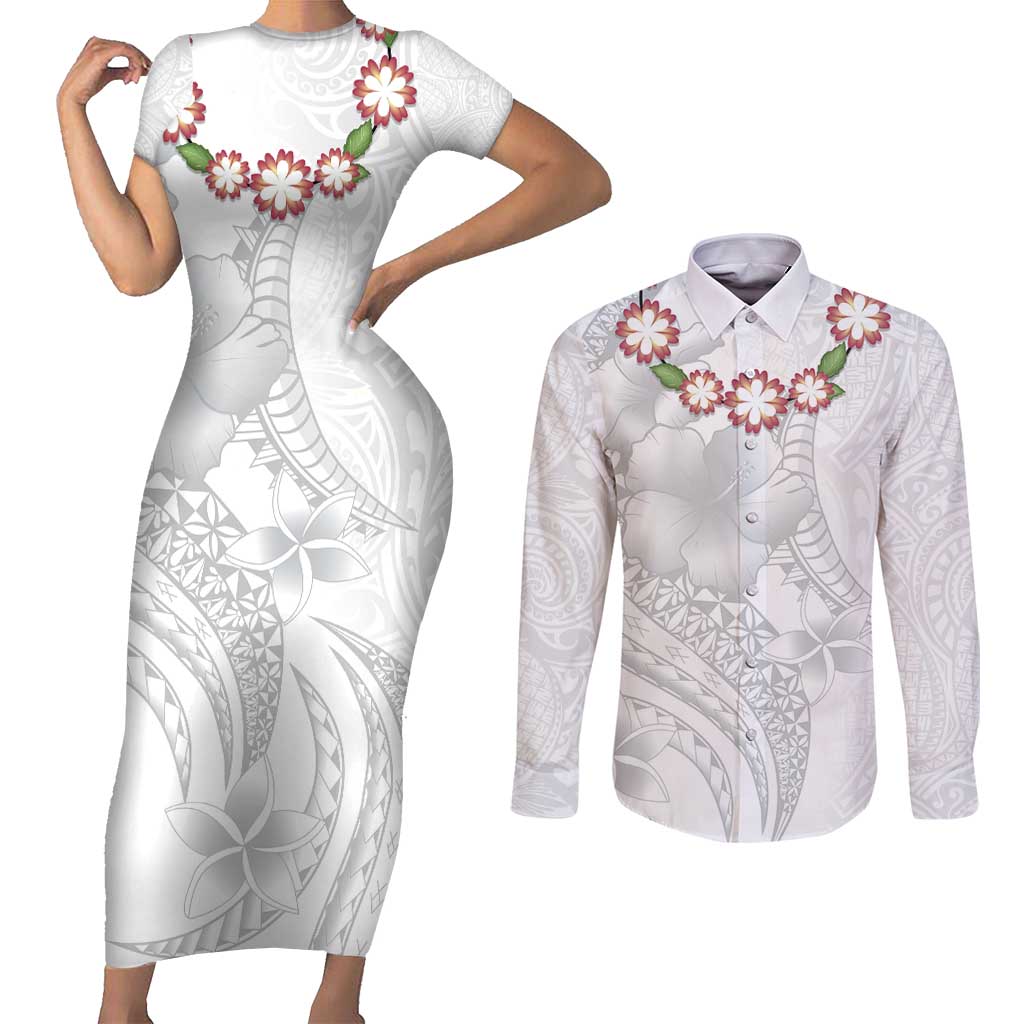 Manuia le Aso Sa o Tamaiti Tonga Couples Matching Short Sleeve Bodycon Dress and Long Sleeve Button Shirt White Sunday Heilala Lei