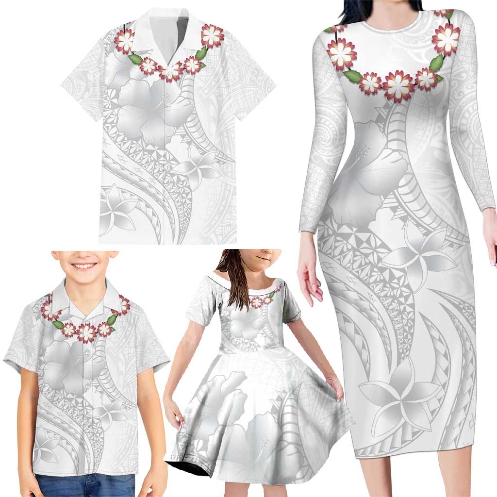 Manuia le Aso Sa o Tamaiti Tonga Family Matching Long Sleeve Bodycon Dress and Hawaiian Shirt White Sunday Heilala Lei