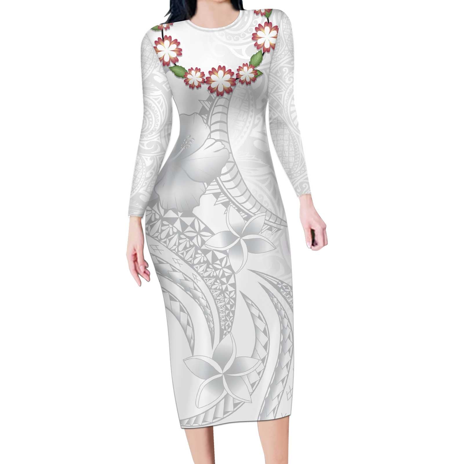 Manuia le Aso Sa o Tamaiti Tonga Long Sleeve Bodycon Dress White Sunday Heilala Lei