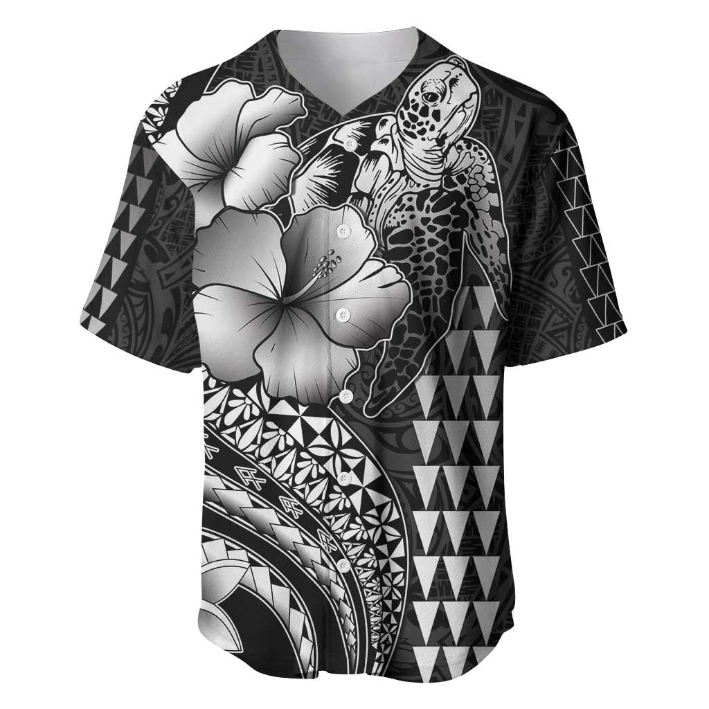 Hawaiian Sea Turtle Baseball Jersey Black Hibiscus Flowers and Kakau Pattern