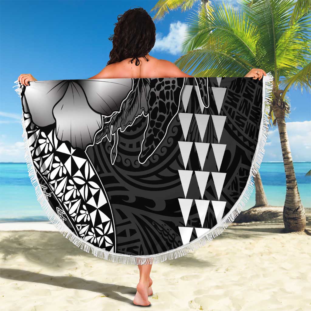 Hawaiian Sea Turtle Beach Blanket Black Hibiscus Flowers and Kakau Pattern