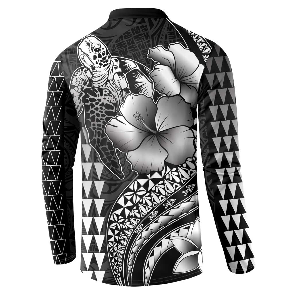 Hawaiian Sea Turtle Button Sweatshirt Black Hibiscus Flowers and Kakau Pattern