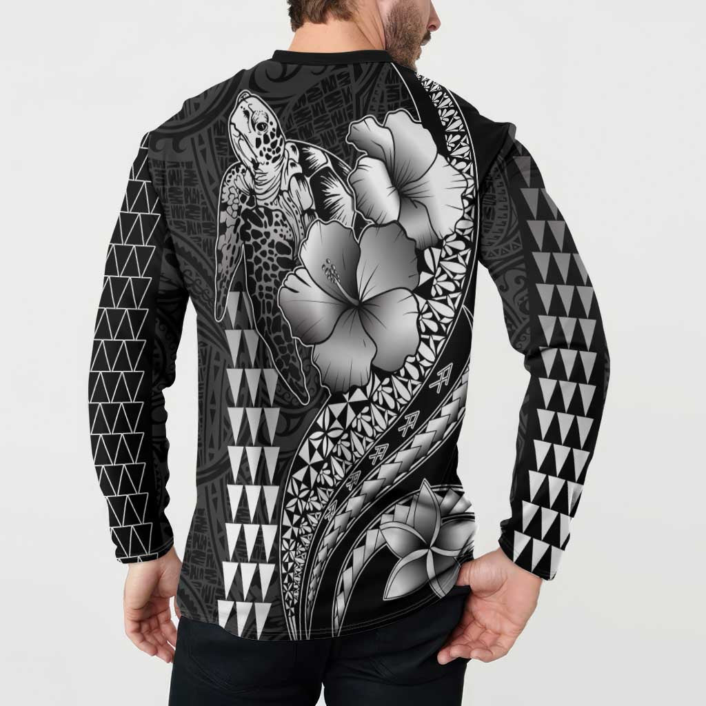 Hawaiian Sea Turtle Button Sweatshirt Black Hibiscus Flowers and Kakau Pattern
