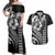 Hawaiian Sea Turtle Couples Matching Off Shoulder Maxi Dress and Hawaiian Shirt Black Hibiscus Flowers and Kakau Pattern