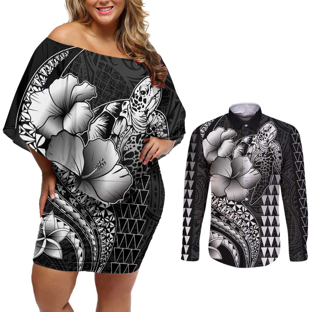 Hawaiian Sea Turtle Couples Matching Off Shoulder Short Dress and Long Sleeve Button Shirt Black Hibiscus Flowers and Kakau Pattern
