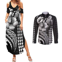 Hawaiian Sea Turtle Couples Matching Summer Maxi Dress and Long Sleeve Button Shirt Black Hibiscus Flowers and Kakau Pattern