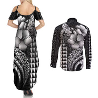 Hawaiian Sea Turtle Couples Matching Summer Maxi Dress and Long Sleeve Button Shirt Black Hibiscus Flowers and Kakau Pattern