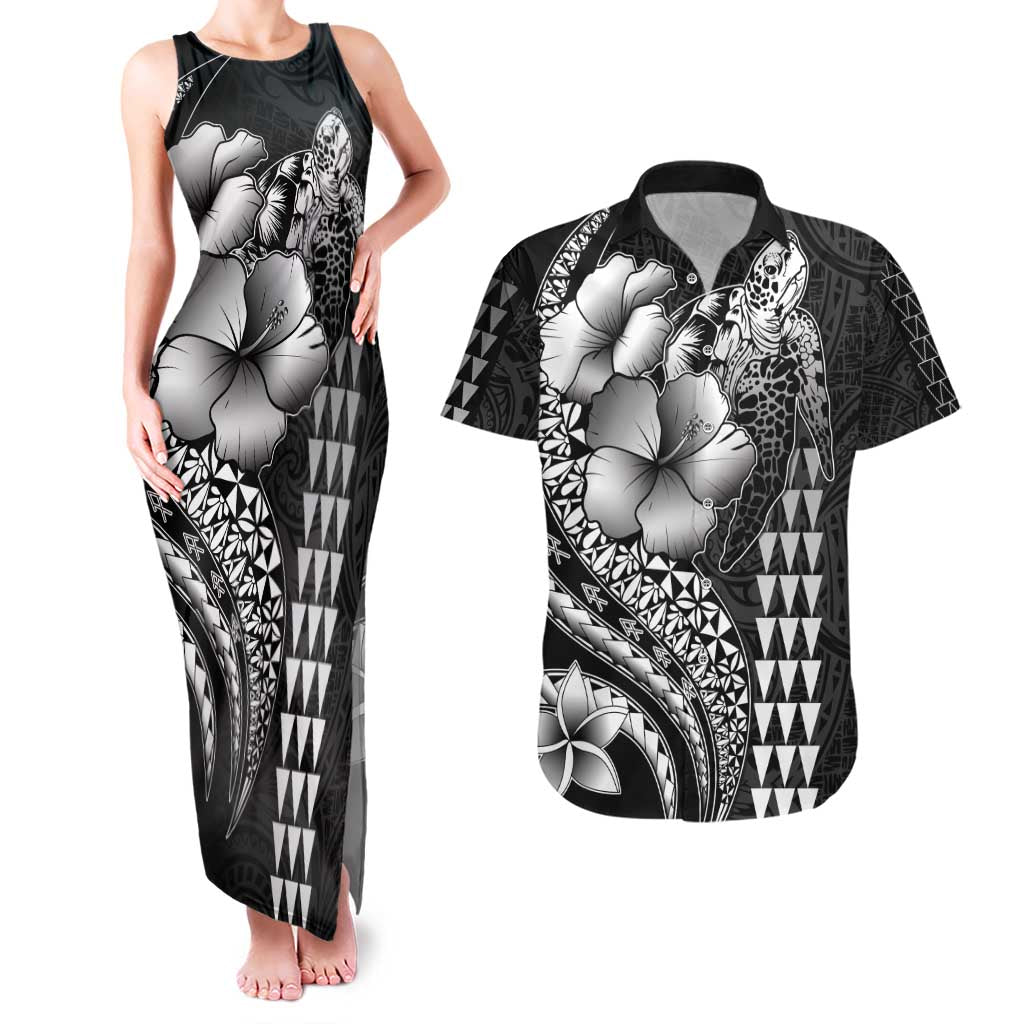 Hawaiian Sea Turtle Couples Matching Tank Maxi Dress and Hawaiian Shirt Black Hibiscus Flowers and Kakau Pattern