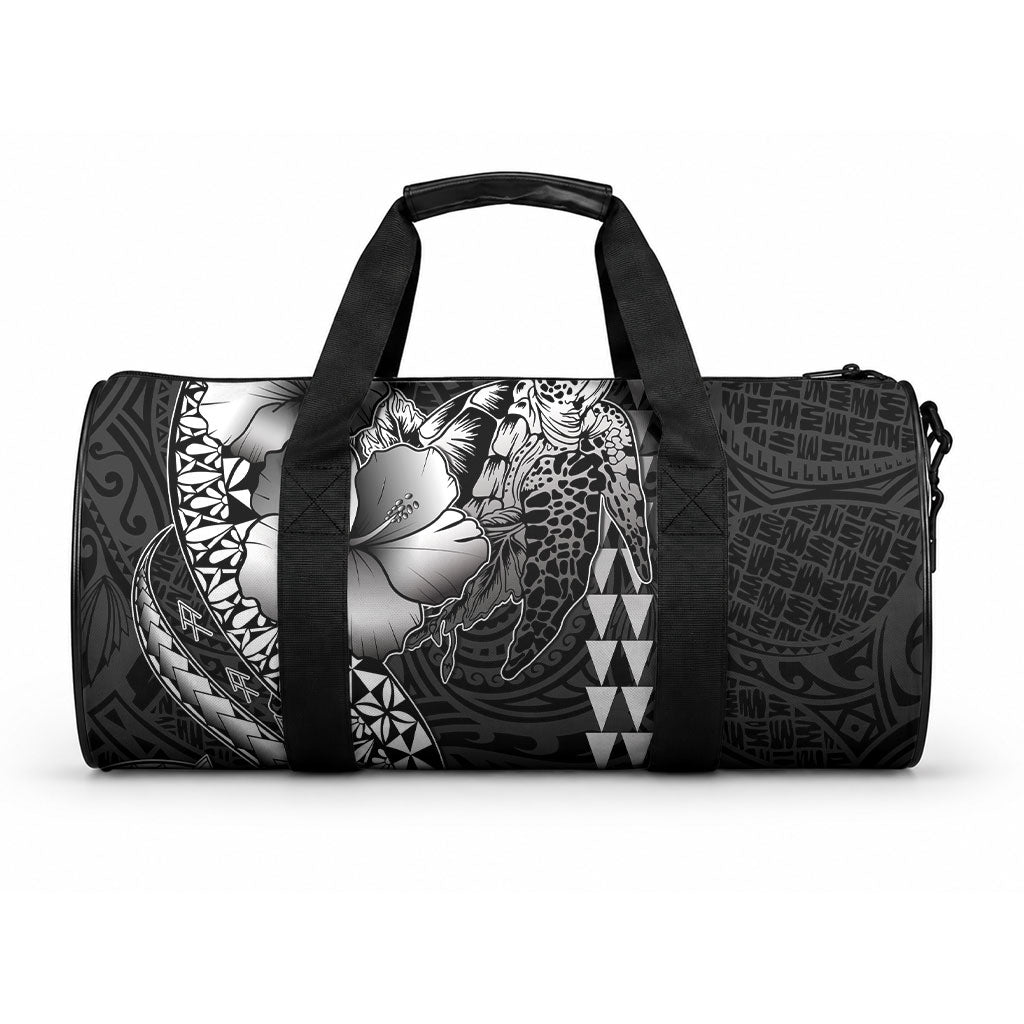 Hawaiian Sea Turtle Duffle Bag Black Hibiscus Flowers and Kakau Pattern LT9 One size Black - Polynesian Pride