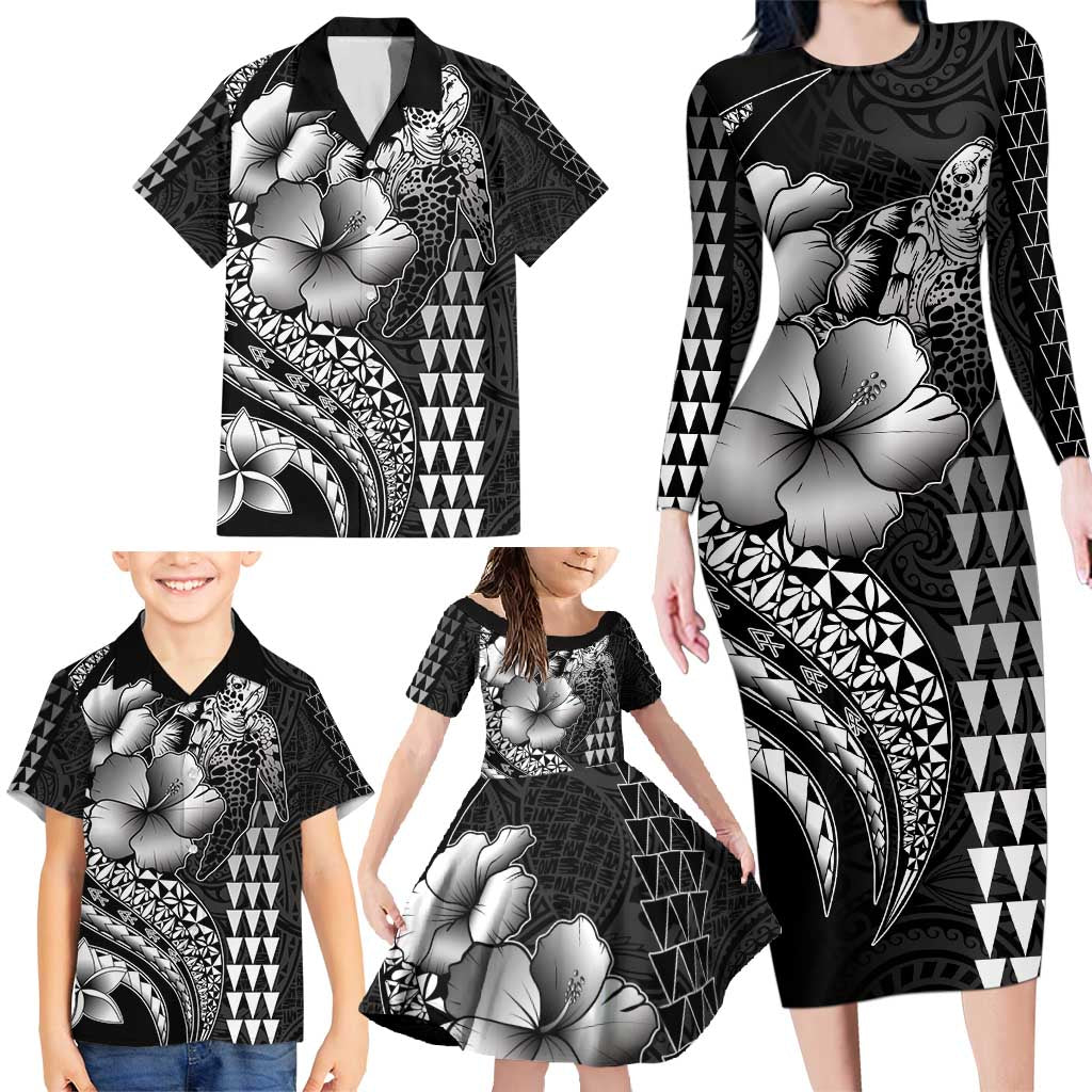 Hawaiian Sea Turtle Family Matching Long Sleeve Bodycon Dress and Hawaiian Shirt Black Hibiscus Flowers and Kakau Pattern