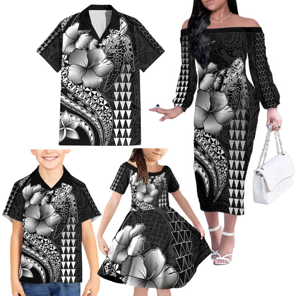 Hawaiian Sea Turtle Family Matching Off The Shoulder Long Sleeve Dress and Hawaiian Shirt Black Hibiscus Flowers and Kakau Pattern