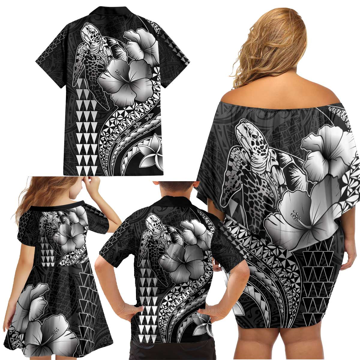 Hawaiian Sea Turtle Family Matching Off Shoulder Short Dress and Hawaiian Shirt Black Hibiscus Flowers and Kakau Pattern