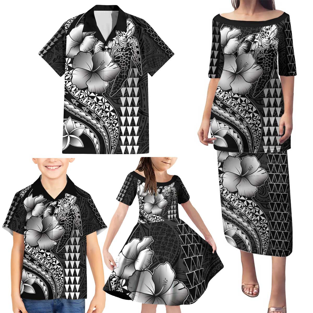 Hawaiian Sea Turtle Family Matching Puletasi and Hawaiian Shirt Black Hibiscus Flowers and Kakau Pattern