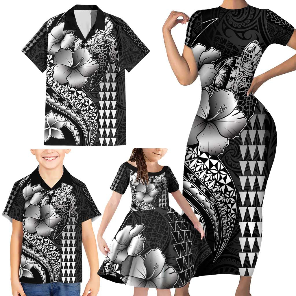 Hawaiian Sea Turtle Family Matching Short Sleeve Bodycon Dress and Hawaiian Shirt Black Hibiscus Flowers and Kakau Pattern