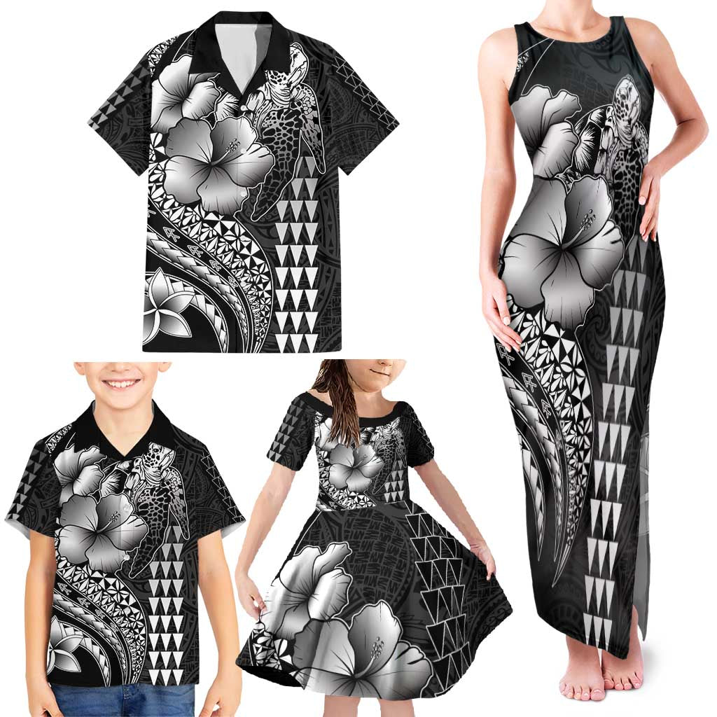 Hawaiian Sea Turtle Family Matching Tank Maxi Dress and Hawaiian Shirt Black Hibiscus Flowers and Kakau Pattern