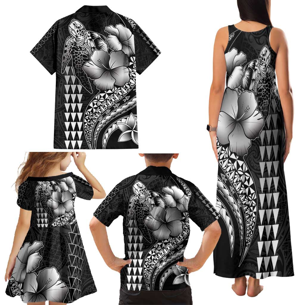 Hawaiian Sea Turtle Family Matching Tank Maxi Dress and Hawaiian Shirt Black Hibiscus Flowers and Kakau Pattern