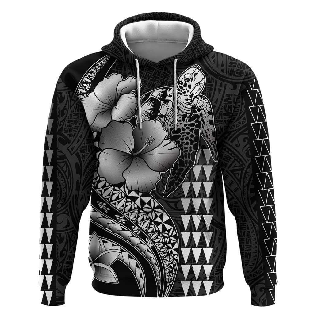 Hawaiian Sea Turtle Hoodie Black Hibiscus Flowers and Kakau Pattern