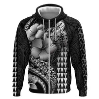 Hawaiian Sea Turtle Hoodie Black Hibiscus Flowers and Kakau Pattern
