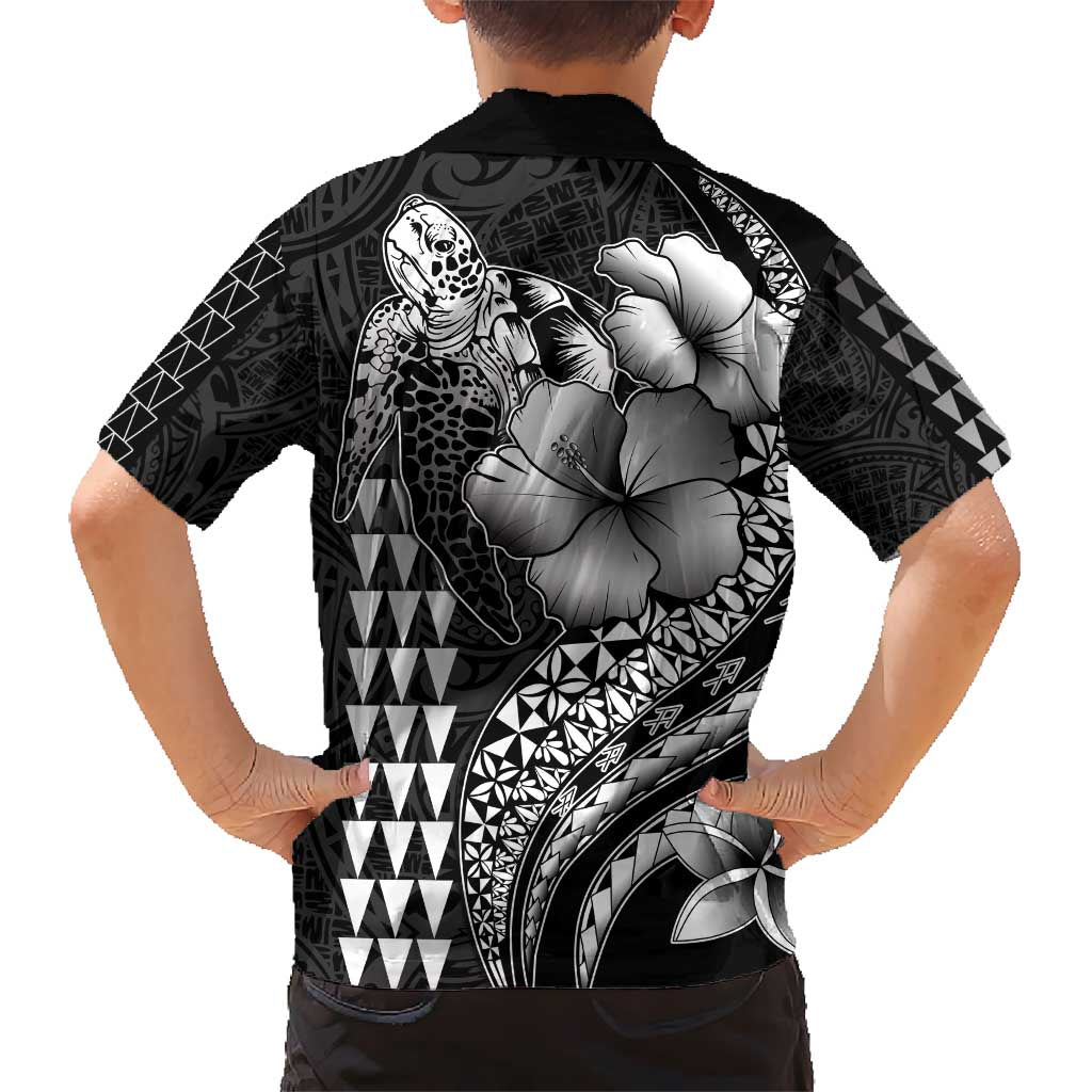 Hawaiian Sea Turtle Kid Hawaiian Shirt Black Hibiscus Flowers and Kakau Pattern