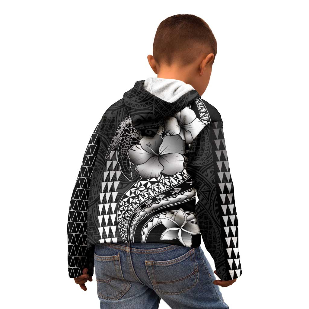Hawaiian Sea Turtle Kid Hoodie Black Hibiscus Flowers and Kakau Pattern
