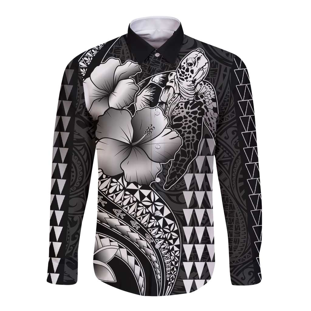 Hawaiian Sea Turtle Long Sleeve Button Shirt Black Hibiscus Flowers and Kakau Pattern