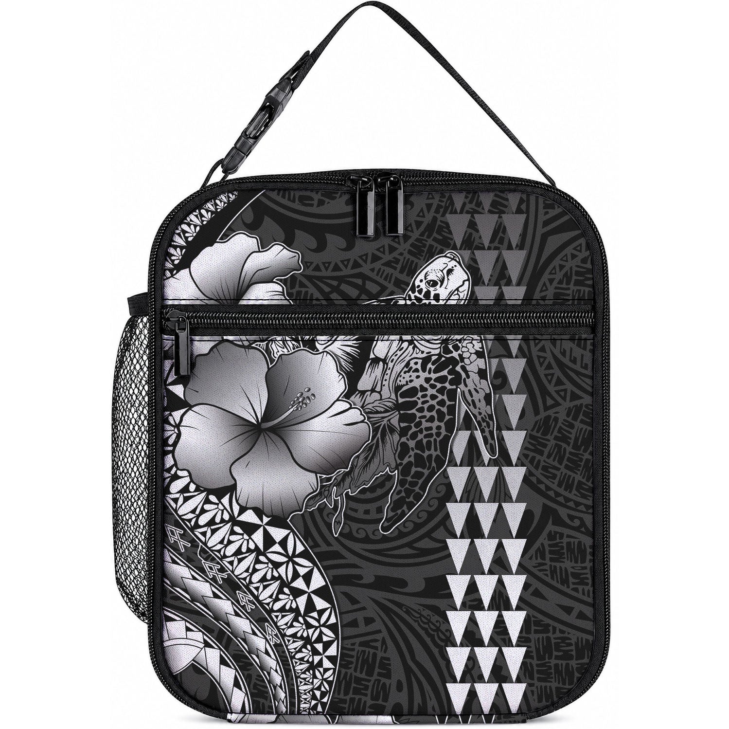 Hawaiian Sea Turtle Lunch Bag Black Hibiscus Flowers and Kakau Pattern LT9 10.2 × 8.3 × 4.3 inch Black - Polynesian Pride