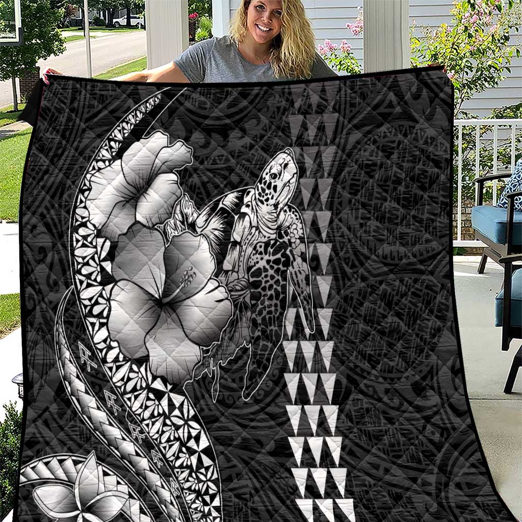 Hawaiian Sea Turtle Quilt Black Hibiscus Flowers and Kakau Pattern