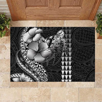 Hawaiian Sea Turtle Rubber Doormat Black Hibiscus Flowers and Kakau Pattern