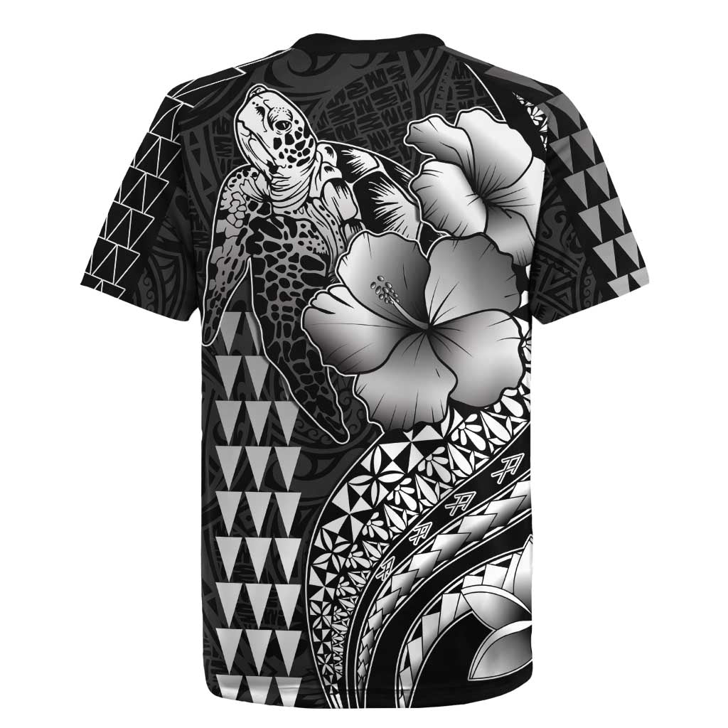 Hawaiian Sea Turtle Rugby Jersey Black Hibiscus Flowers and Kakau Pattern