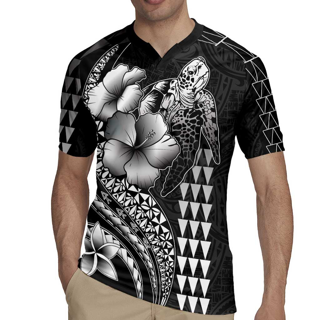 Hawaiian Sea Turtle Rugby Jersey Black Hibiscus Flowers and Kakau Pattern