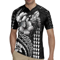 Hawaiian Sea Turtle Rugby Jersey Black Hibiscus Flowers and Kakau Pattern