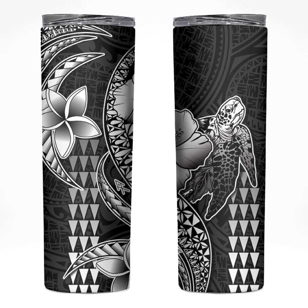 Hawaiian Sea Turtle Skinny Tumbler Black Hibiscus Flowers and Kakau Pattern