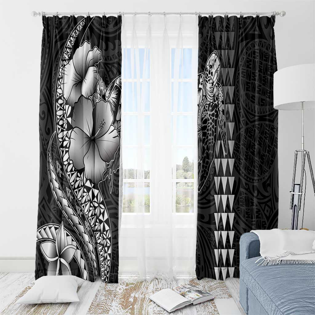 Hawaiian Sea Turtle Window Curtain Black Hibiscus Flowers and Kakau Pattern