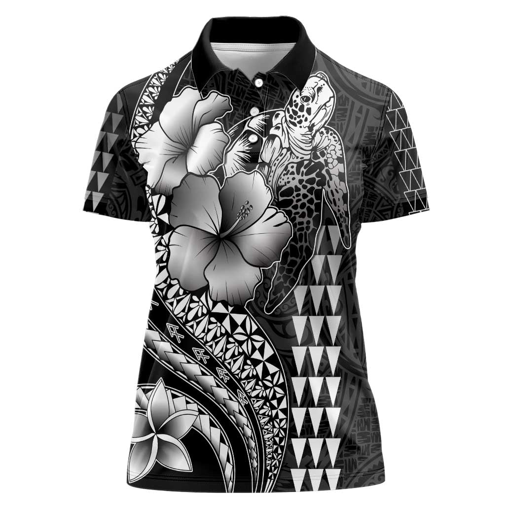 Hawaiian Sea Turtle Women Polo Shirt Black Hibiscus Flowers and Kakau Pattern