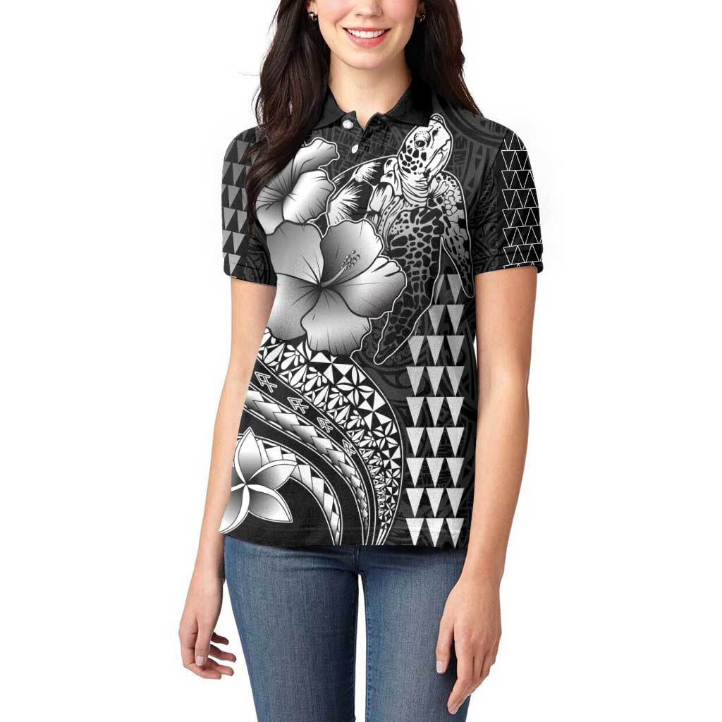 Hawaiian Sea Turtle Women Polo Shirt Black Hibiscus Flowers and Kakau Pattern