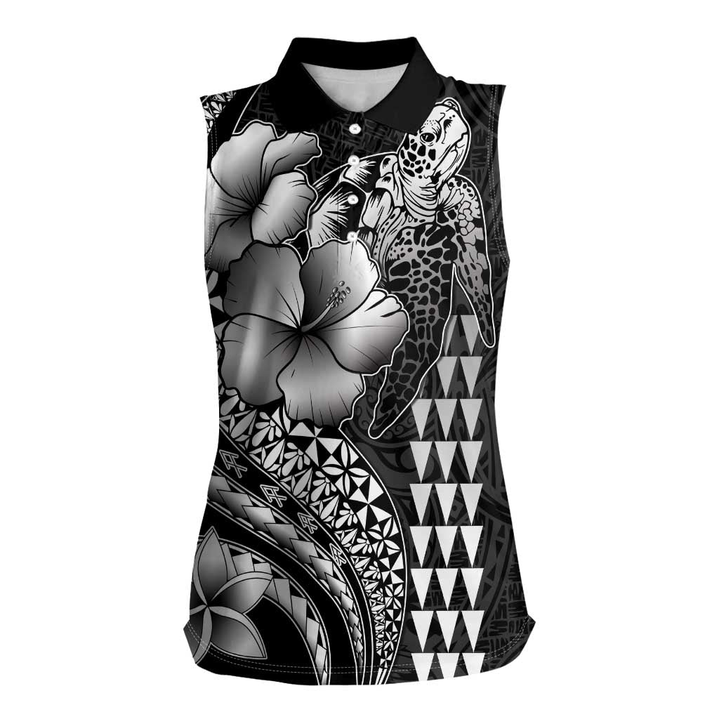 Hawaiian Sea Turtle Women Sleeveless Polo Shirt Black Hibiscus Flowers and Kakau Pattern