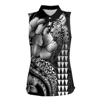 Hawaiian Sea Turtle Women Sleeveless Polo Shirt Black Hibiscus Flowers and Kakau Pattern